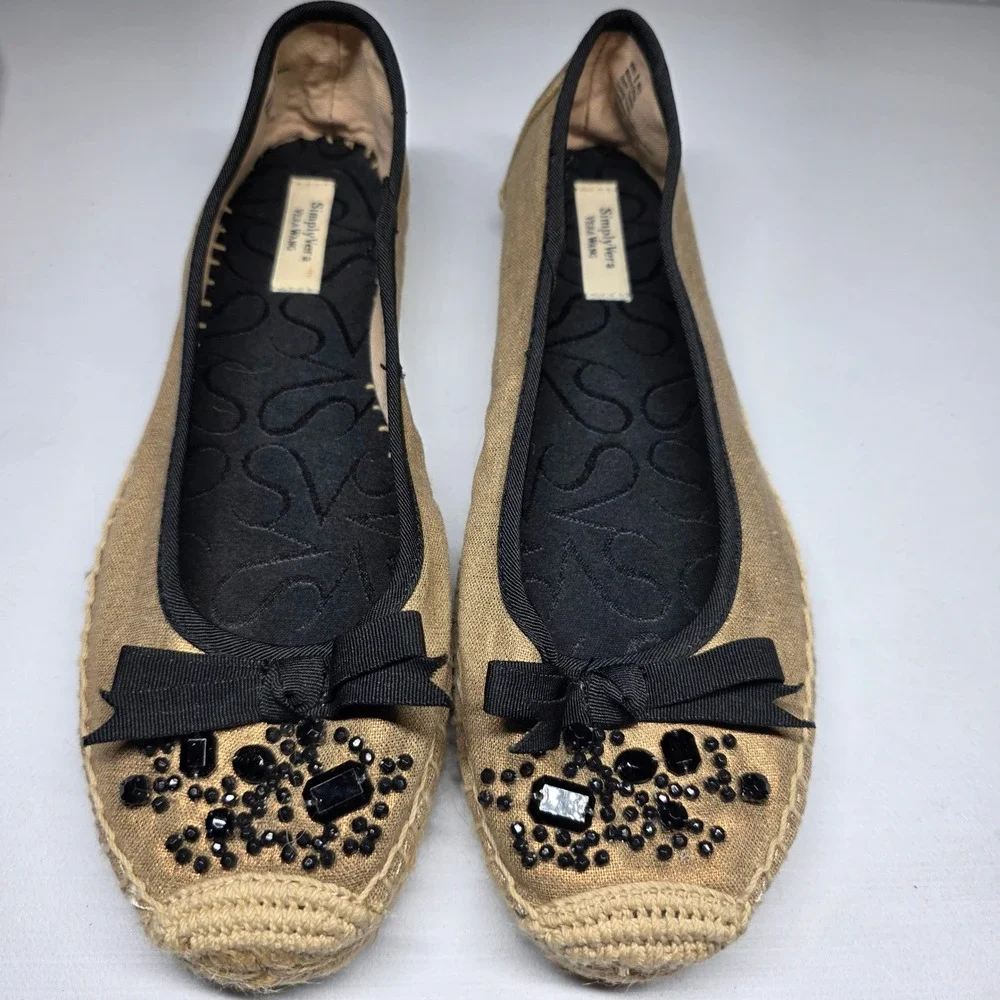 Simply Vera Vera Wang Gold Espadrille Flats Beaded Bow Ballet Shoes Womens 8
